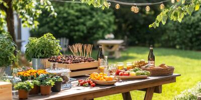 Summer Garden Picnic with Delicious Food and Drinks. photo