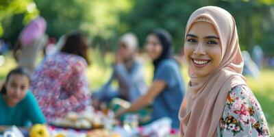 Smiling Woman in Hijab at a Picnic on Park photo