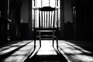 A solitary wooden chair stands in the center of a dimly lit room, warm sunlight filters through large windows, creating intricate shadow patterns on the floor. photo
