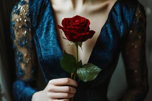 A red rose held in the hand of a woman dressed in an elegant blue dress. The image blends romance and sophistication, perfect for themes of love and beauty. photo