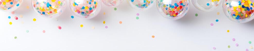 Festive celebration concept with clear balloons filled with colorful confetti photo