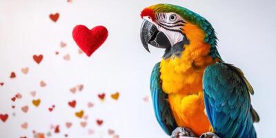 Vibrant macaw with heart motif for Valentines day design photo