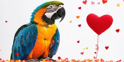 Vibrant macaw with heart motifs in a whimsical setting for Valentines day decor photo