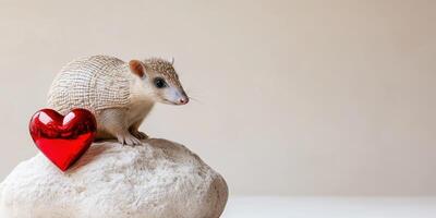 Curious armadillo with red heart on beige rock. Symbol of love and curiosity photo