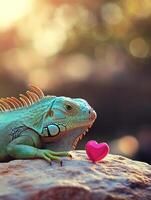 Friendly iguana relaxing on a rock with a heart in a tranquil natural setting photo