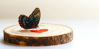 Butterfly resting on wooden platform with heart shape for nature and love themes photo