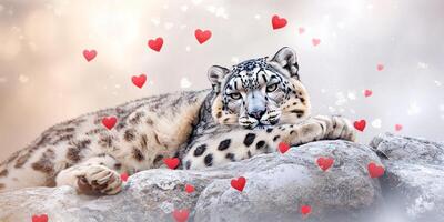 Majestic snow leopard resting on rocks surrounded by heart graphics for wildlife conservation design photo