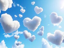 Heart shaped clouds in blue sky. Surreal dreamlike scene with floating hearts photo