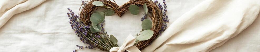 Handmade heart shaped wreath with lavender and eucalyptus on linen background photo