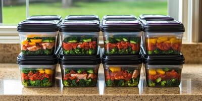 Neatly arranged colorful meal prep containers on a kitchen counter for healthy eating photo