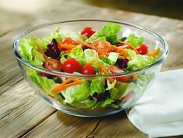 Fresh vegetable salad in transparent glass bowl on wooden table photo