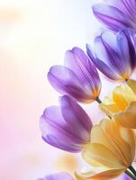 Elegant tulip petals in vibrant purple and yellow for spring decor and design projects photo