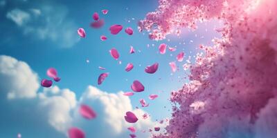 Enchanting sakura petals dancing in the breeze against a bright blue sky photo