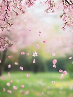 Enchanting cherry blossom petals dancing in gentle spring breeze photo