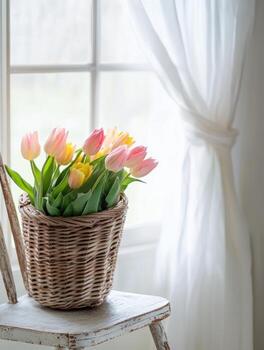 Charming wicker basket with pastel pink and yellow tulips on rustic chair by window photo