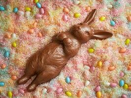 Whimsical Easter bunny chocolate on colorful candy nest perfect for festive celebration photo