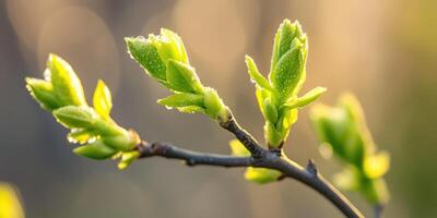Spring renewal. Raindrops on budding tree branch close up photo