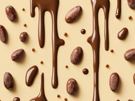 Luxurious chocolate pattern with dripping melted chocolate and cocoa beans for confectionery design photo