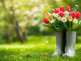 Elegant spring scene with flower filled rain boots in a lush green garden photo