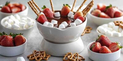 Luxurious dessert arrangement with chocolate fondue and fresh strawberries for indulgent gatherings photo