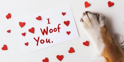Playful flat lay of dog paw with heart shapes and letter i woof you card for Valentines day photo