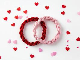 Charming flat lay of intertwined friendship bracelets with heart decorations for Valentines day gift ideas photo