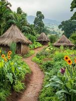 Serene eco village pathway with traditional thatch huts and vibrant garden photo