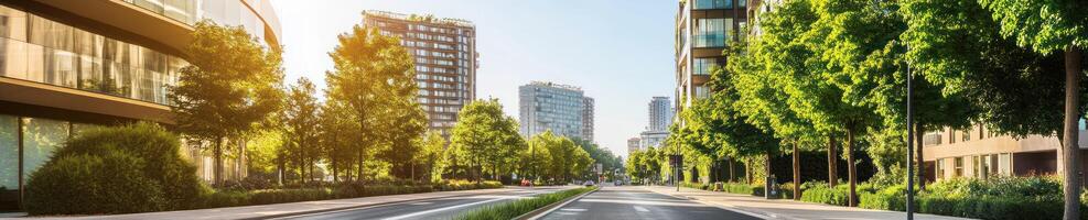 Modern eco friendly urban cityscape with lush greenery and sustainable architecture photo
