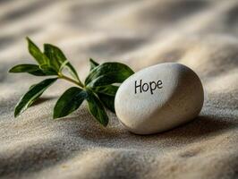 Inspirational hope stone on sand with green leaves. Perfect for motivational design photo