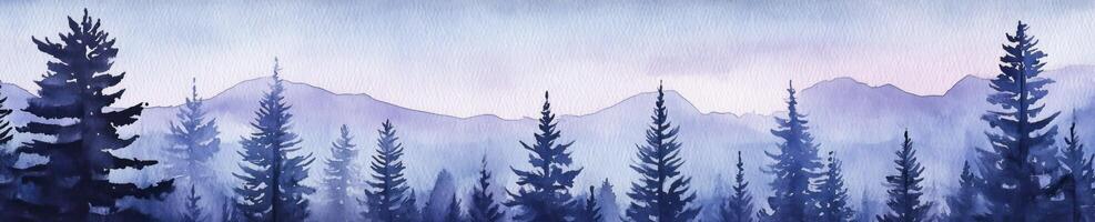 Mystical watercolor forest and mountains against night sky in blue and purple hues photo