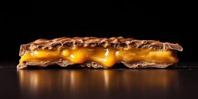 Close up of caramel filled chocolate wafer with textured layers photo