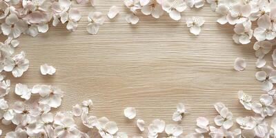 Cherry blossom petals on wooden surface for nature inspired background design photo