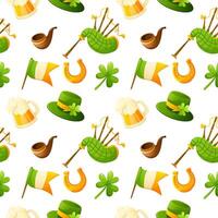 Seamless pattern for St. Patrick's Day, repeating background on white with shamrock, top hat, horseshoe, beer glass, Irish flag, tobacco pipe, bagpipes. Attributes and symbols of the holiday. vector