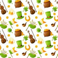Seamless pattern for St. Patrick's Day, repeating background on white with shamrock, violin, top hat, horseshoe, gold coin, kettle with coins, tobacco pipe, bagpipes. Holiday attributes. vector