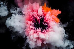 A dynamic display of colorful smoke erupts in various shades of pink, orange, and white, creating a striking visual effect against a dark background, evoking a sense of movement and energy. photo