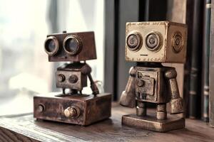 Two vintage-inspired robot figurines sit on a wooden shelf near a window. The sunlight highlights their unique metallic designs and retro features, creating an interesting contrast. photo