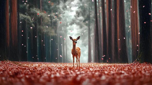 A 3D render of a fawn in a misty forest, creating an atmosphere of tranquility and seclusion in nature. Perfect for projects related to wildlife, animals, and ecology. photo