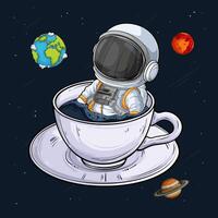 Hand drawn astronaut in spacesuit sitting in giant coffee cup in outer space universe over planets vector