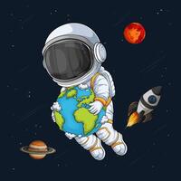 Hand drawn astronaut in spacesuit holding the earth, floating in universe over rocket and planets vector