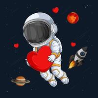 Hand drawn astronaut in space suit floating in the universe holding red heart over planets, rocket vector