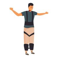 Enthusiastic man wearing exoskeleton balancing with open arms vector