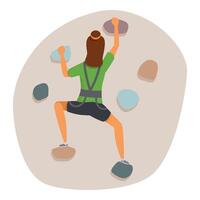 Female athlete climbing artificial rock wall using colorful holds, engaging in bouldering exercise vector
