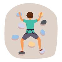 Young man climbing rock wall using colorful holds, rear view vector