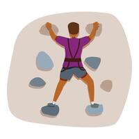 Determined climber ascending artificial rock climbing wall, back view vector