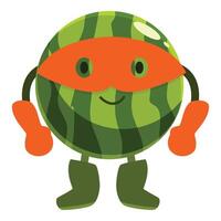 Smiling superhero watermelon character wearing orange mask and gloves vector