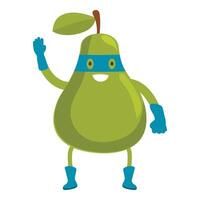 Smiling superhero pear waving and wearing a mask and boots vector