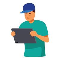 Delivery man wearing blue cap using digital tablet for navigation and delivery tracking vector