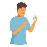 Worried patient pointing at digital thermometer showing high fever vector
