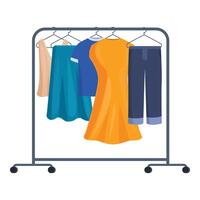 Clothes hanging on rolling metal rack, garment rail with garment on hangers vector