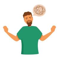 Confused man gesturing with tangled thoughts in speech bubble vector